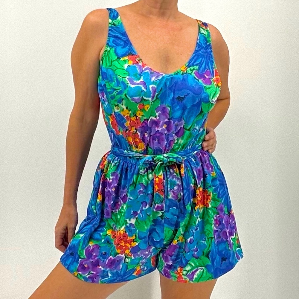 Maxine of Hollywood Vintage 80’s Pin Up Girl Floral One Piece Swimsuit Romper